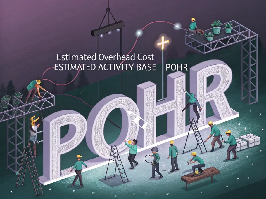 A vibrant illustration depicting the predetermined overhead rate formula in a dynamic, three-dimensional space, with workers adjusting the equation.