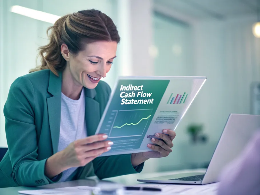 A business owner examining an indirect cash flow statement on a glowing tablet, showing financial charts.