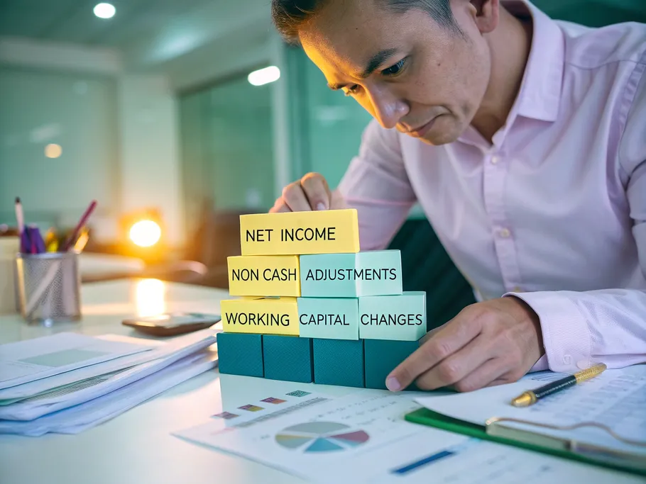 An individual focused on assembling a structured cash flow statement using labeled blocks representing key components.