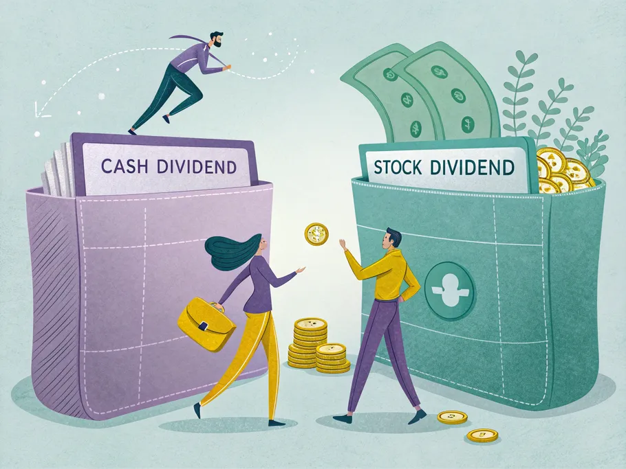 Illustration of two financial pockets labeled 'Cash Dividend' and 'Stock Dividend', depicting cash flowing out and value tokens moving internally.