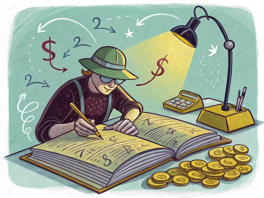 A vintage-style accountant writing in a large ledger book with numbers and arrows floating around, symbolizing the concepts of accounting.