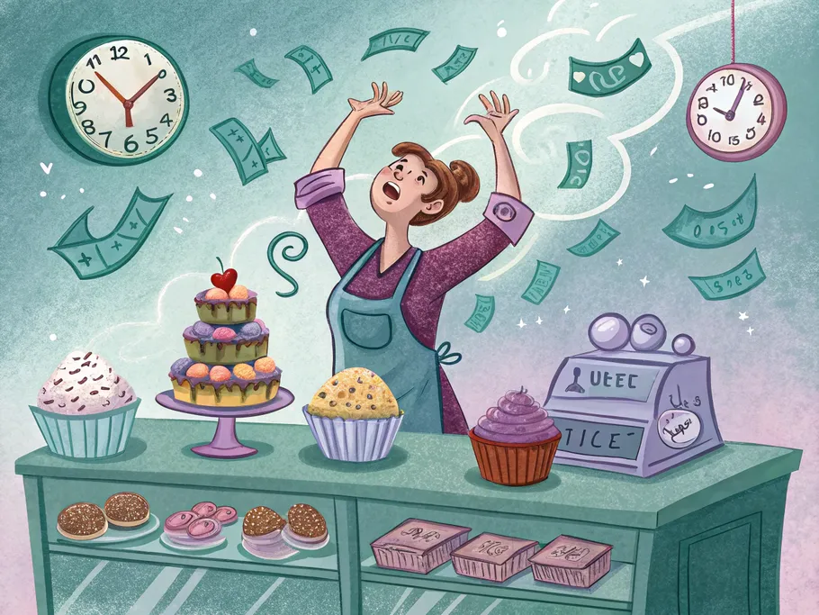 A whimsical bakery owner juggling colorful cupcakes, bills, and clocks, symbolizing the chaos of managing notes receivable.