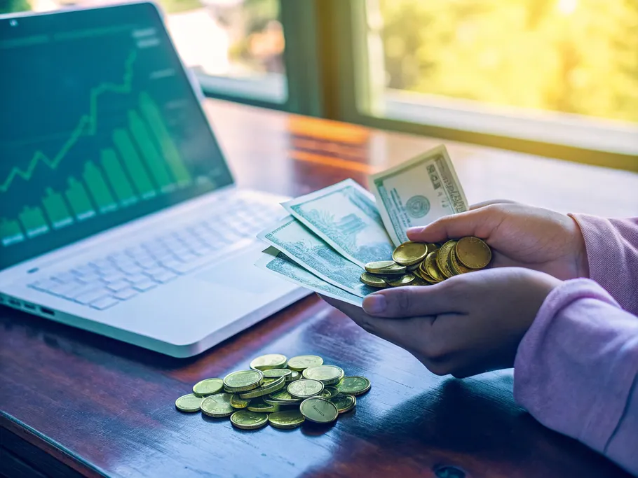 Person's hands holding cash and coins over a desk with a laptop displaying a rising stock portfolio.