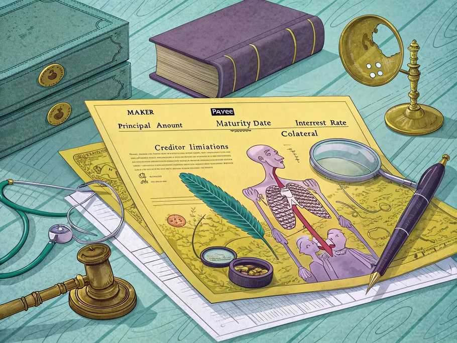 An artistic representation of a promissory note detailed like an anatomy chart, laying on a wooden examination table surrounded by antique instruments.