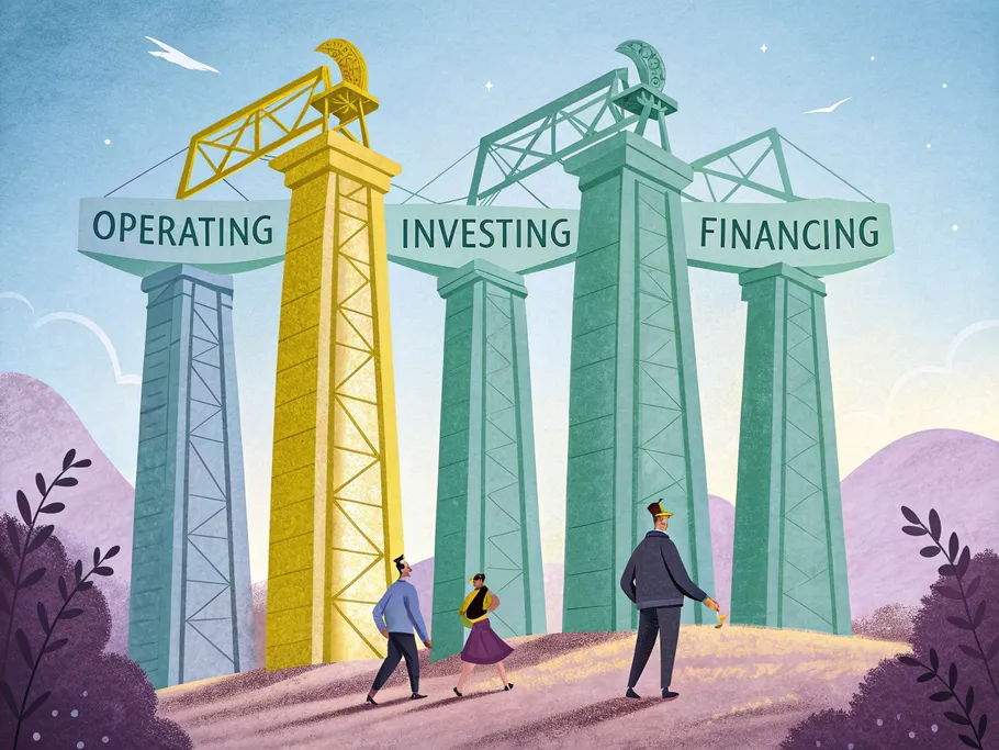 Three stone pillars labeled 'Operating,' 'Investing,' and 'Financing' supporting a golden structure representing a thriving business.