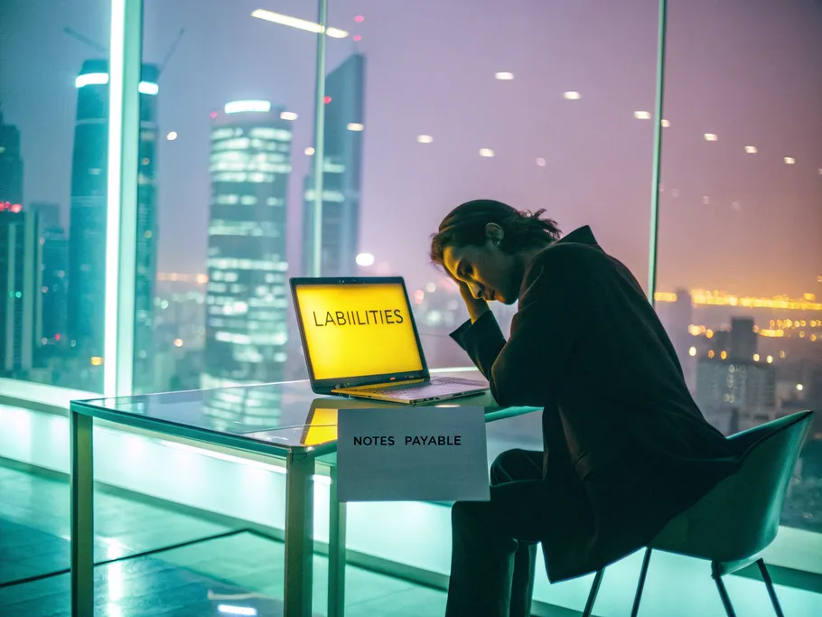 An accountant at a glass desk in a dimly lit modern office, focused on a laptop displaying liabilities with a notes payable label.