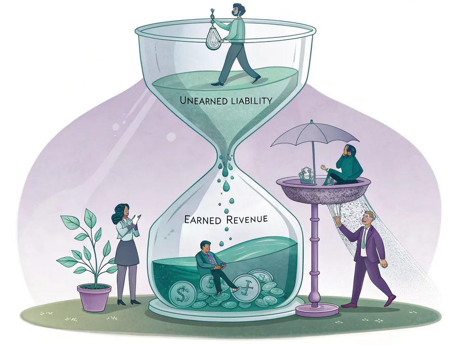 Conceptual illustration of an hourglass depicting unearned liability and earned revenue.
