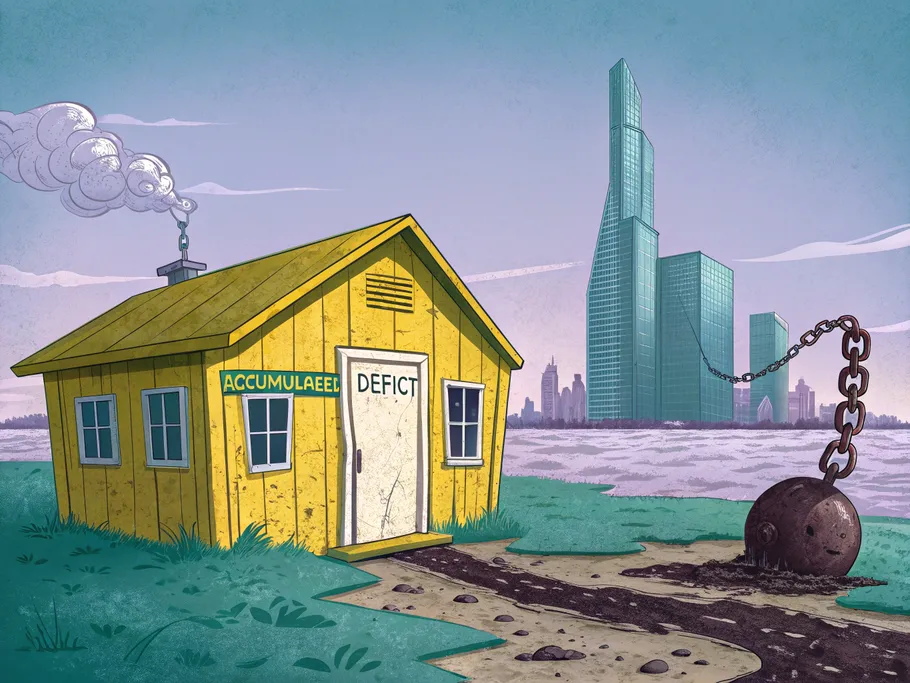 A dilapidated company building labeled 'Accumulated Deficit' sinking into muddy ground with a modern skyscraper in the background.