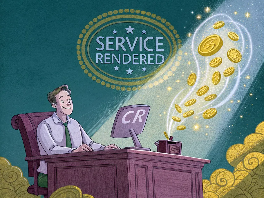 An accountant at a polished mahogany desk, with a glowing 'SERVICE RENDERED' stamp and golden credit symbols flowing into a digital income statement.