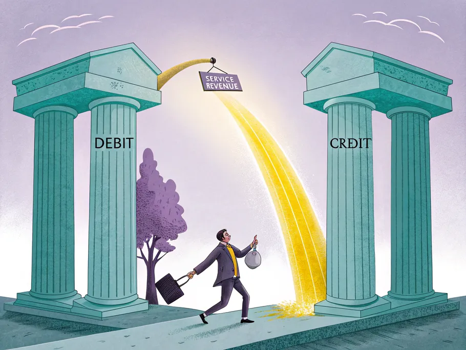 Architectural illustration of two marble columns labeled DEBIT and CREDIT with a stream of golden light labeled Service Revenue.