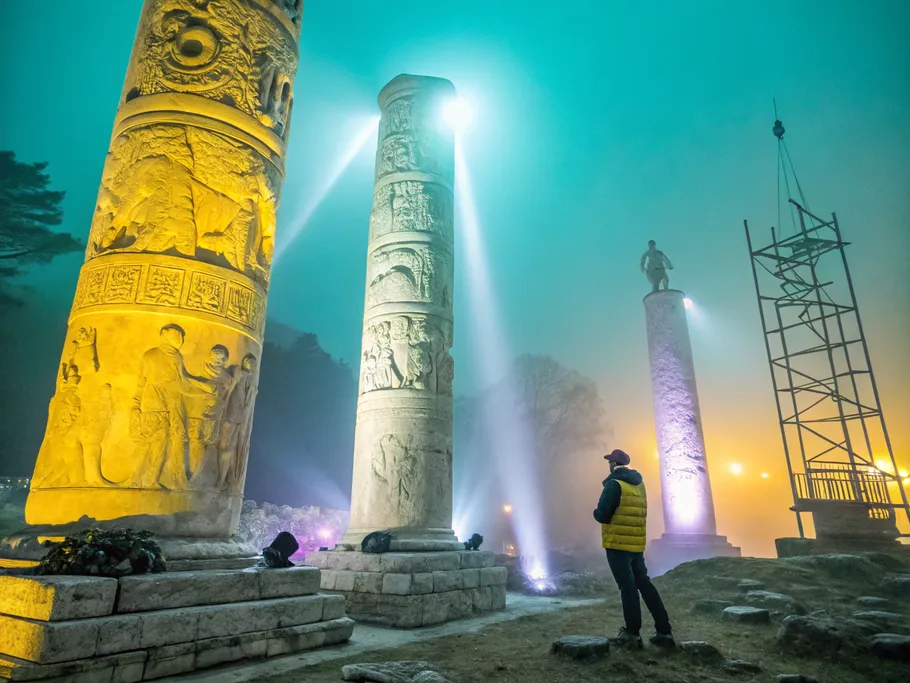 Three ancient marble pillars in a misty void, representing the components of a balance sheet: assets, liabilities, and equity.