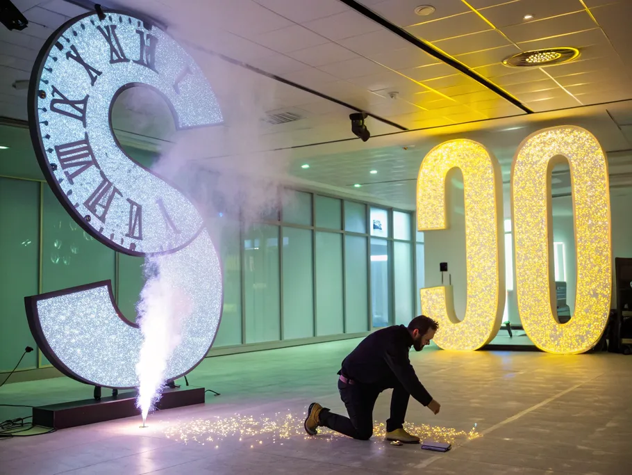 Dramatic representation of a glowing number in an empty corporate office, symbolizing annual revenue balance.