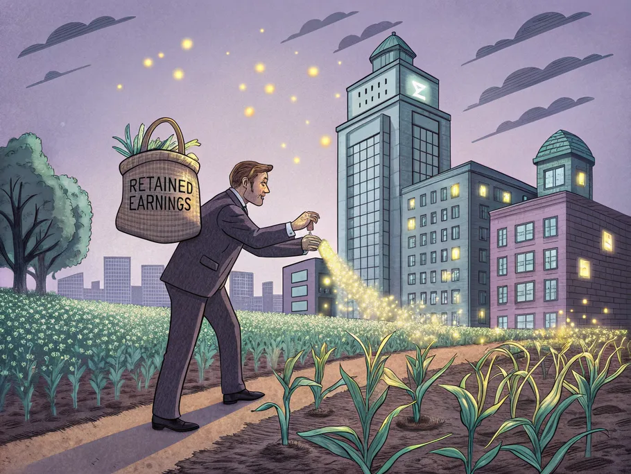 A wise farmer in business attire scattering glowing seeds labeled 'Retained Earnings' in a surreal field of corporate buildings.