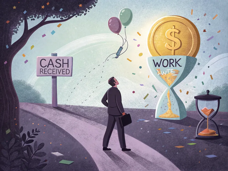 A businessperson stands at a crossroads, holding a glowing golden coin with a dollar sign, contemplating paths labeled 'Cash Received' and 'Work Owed' while an hourglass floats above.