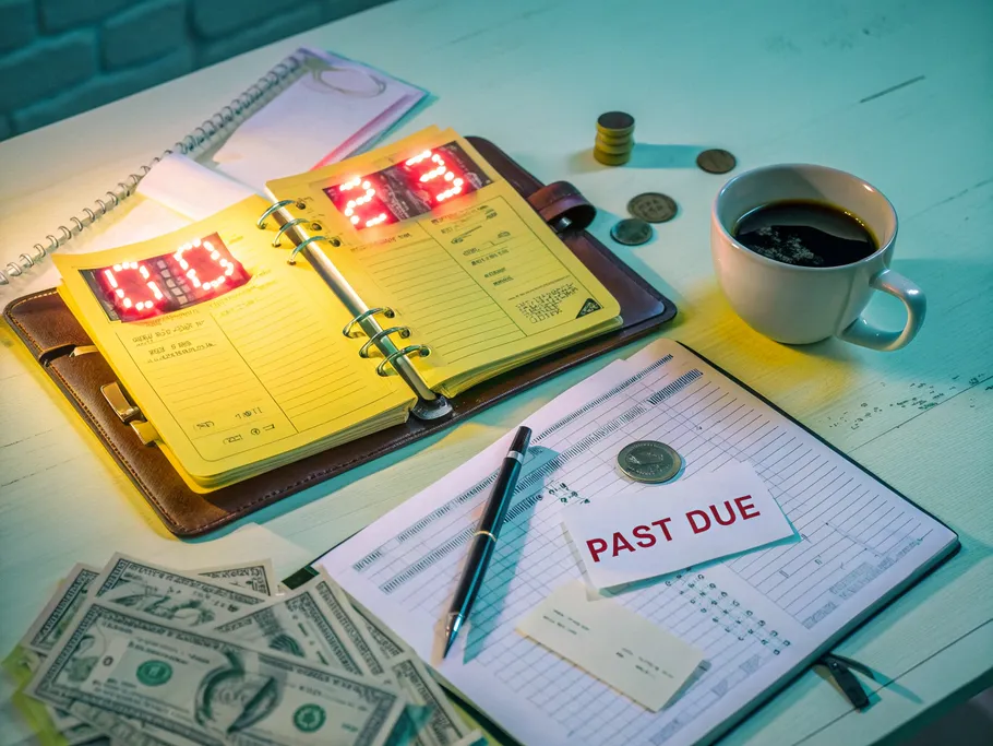 A modern office desk with a vintage ledger open, displaying glowing neon numbers and overdue invoices.
