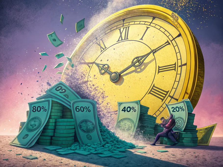 A dramatic visualization of a large golden clock with hands moving backward and crumbling dollar bills, symbolizing the urgency of the bonus depreciation phase-out.