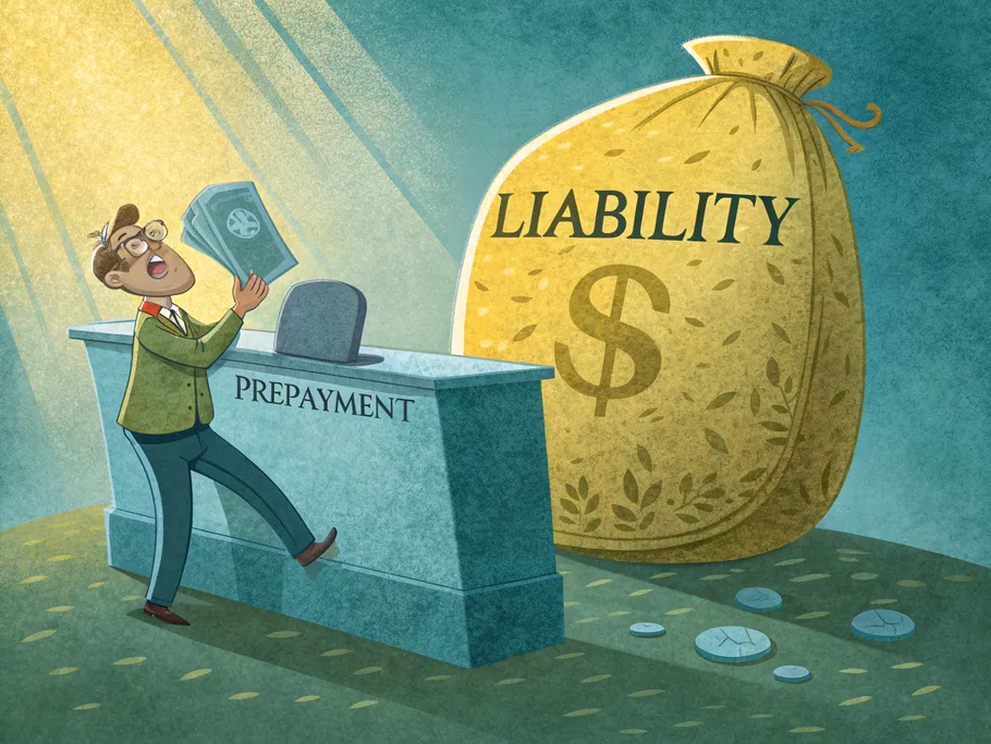 A stylized small business owner struggling to balance a giant sack labeled 'PREPAYMENT' while holding a stone tablet marked 'LIABILITY'.