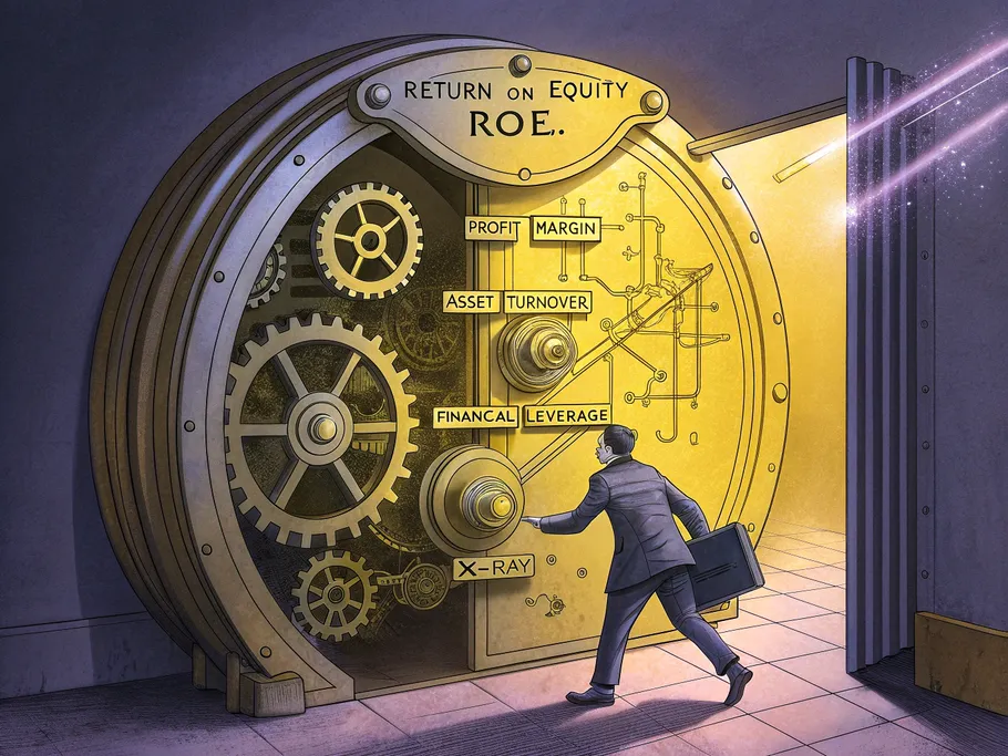 A brass vault door opened to reveal a glowing mechanical diagram illustrating financial concepts including Return on Equity.