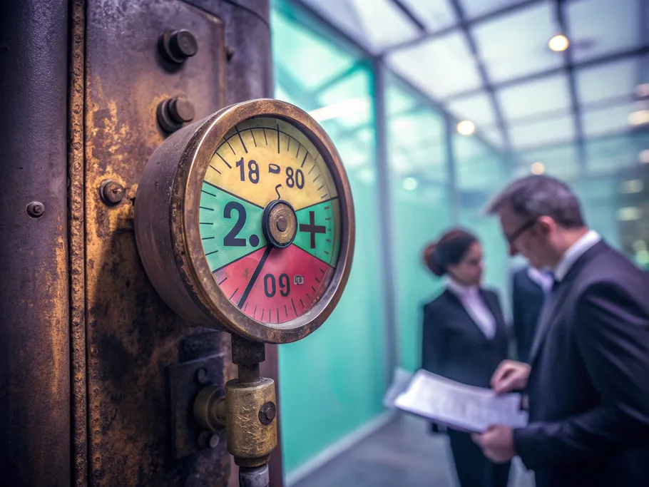 Vintage industrial pressure gauge indicating a safe zone with executives reviewing financial documents in the background.