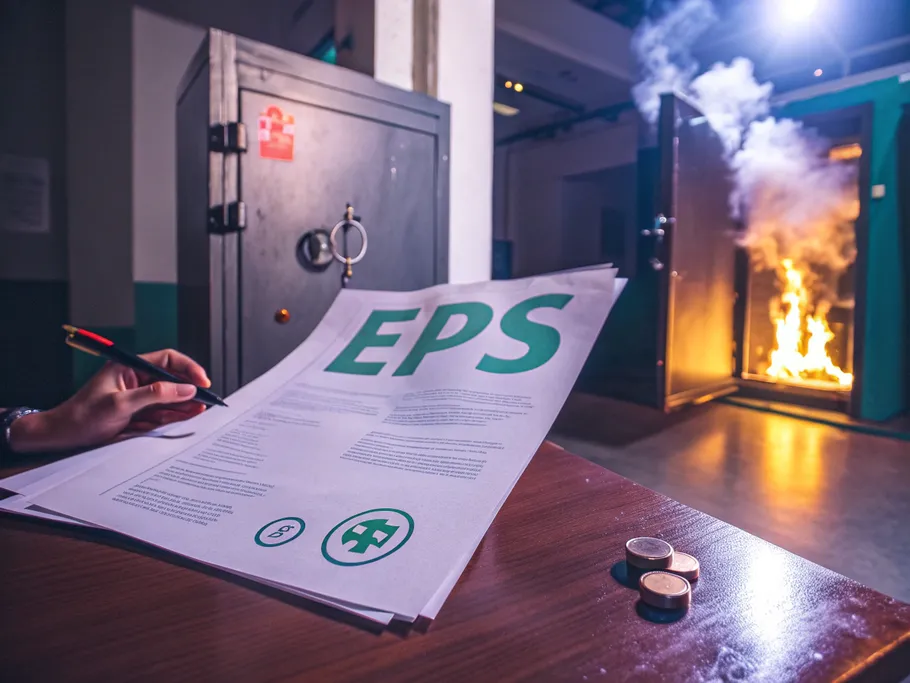 A corporate balance sheet with 'EPS' highlighted in green, catching fire, representing financial danger.