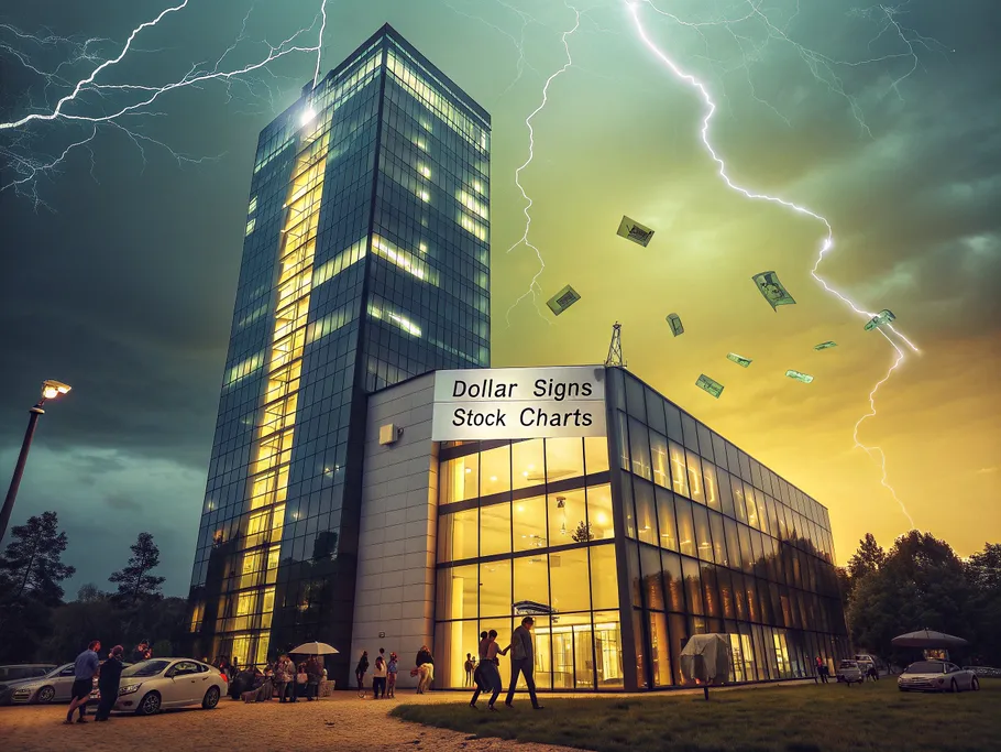 A modern glass and steel corporate building amid a financial storm, symbolizing stability in chaos.