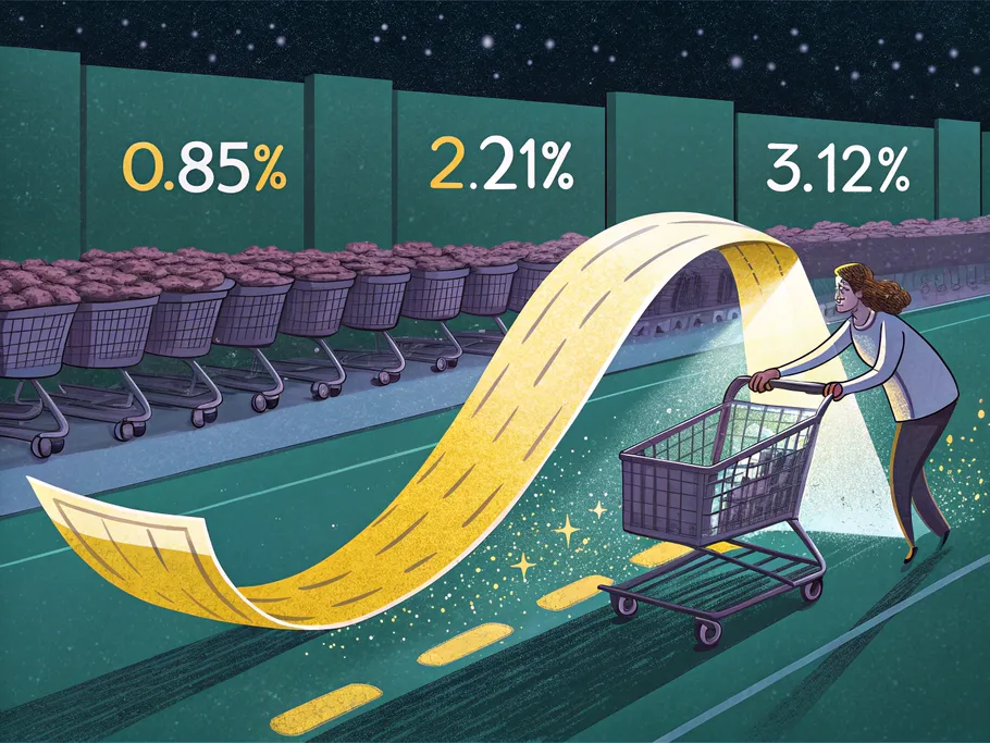 Minimalist illustration showing a giant razor blade slicing through a thin golden ribbon representing profit margins, with shopping carts racing in the background.