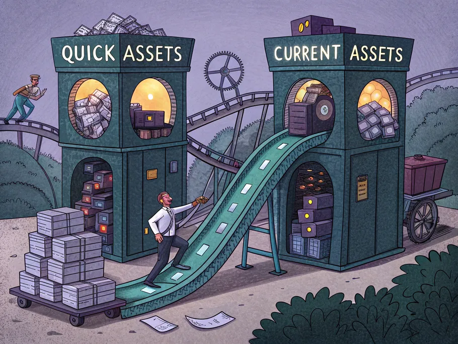 A whimsical illustration of a Rube Goldberg-style sorting machine depicting quick and current assets.