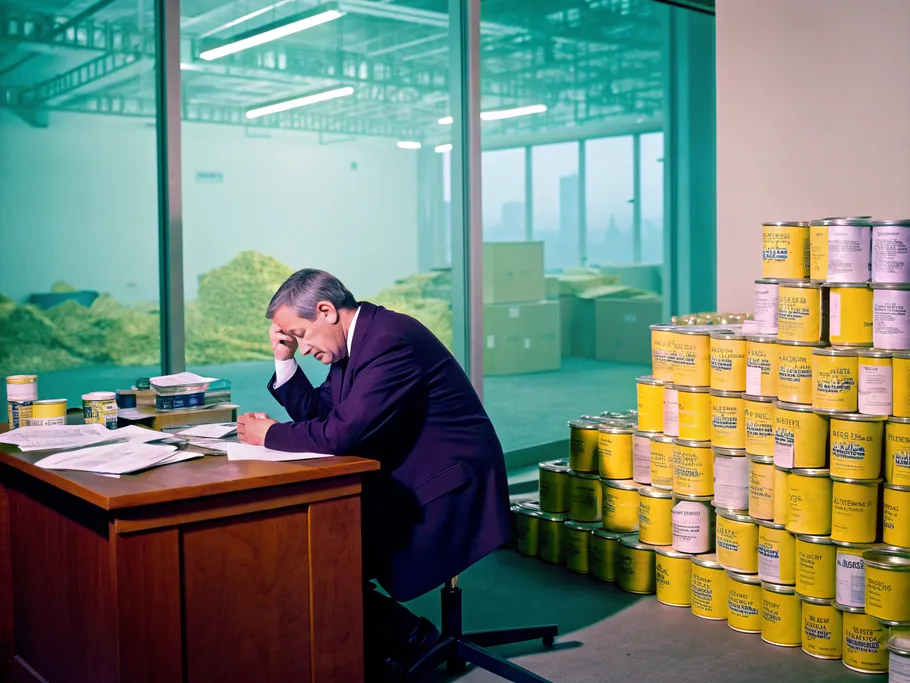 A distressed food company CEO at a massive desk surrounded by disorganized inventory in a dimly lit office.