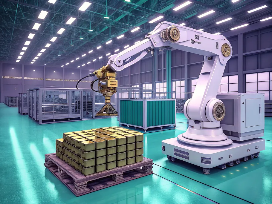 A futuristic factory floor with a robotic arm stacking cubes of gold, symbolizing high return on assets.
