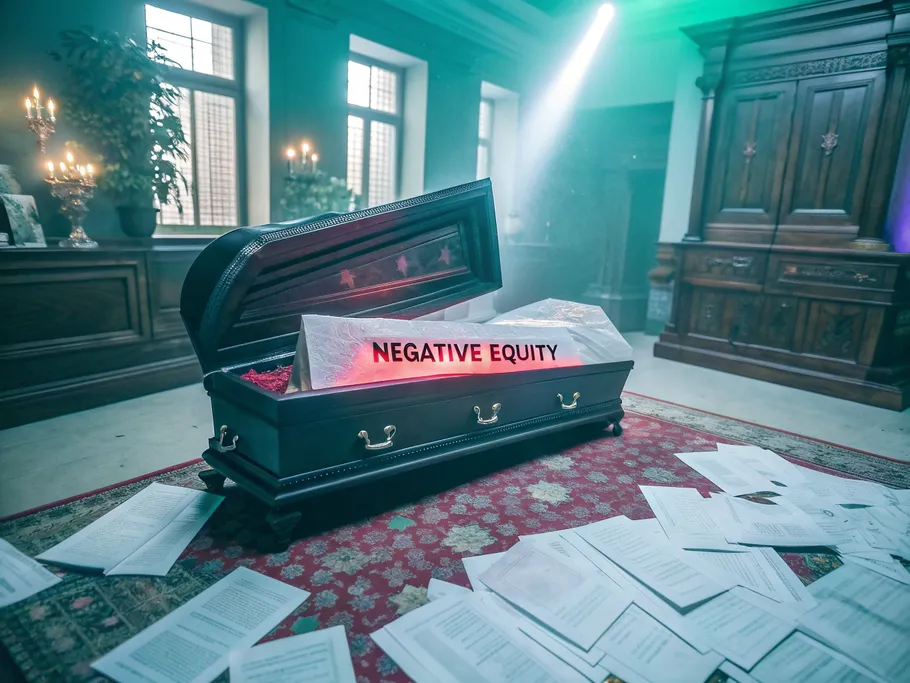 A dramatic 3D render of an ornate black coffin in a gothic-style office, featuring a glowing red holographic balance sheet and the words 'Negative Equity' engraved.