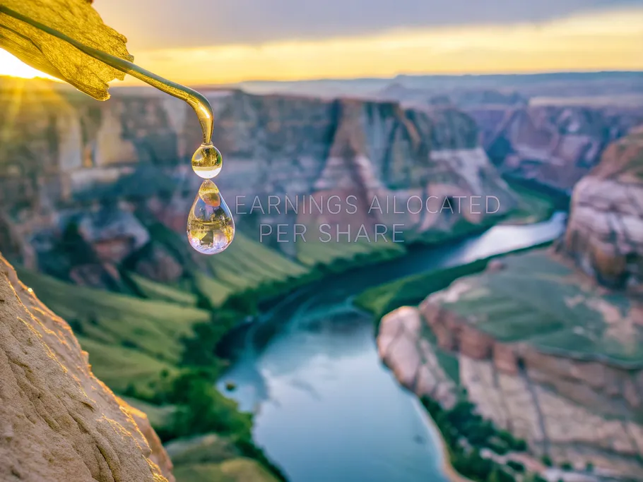 A macro photograph of a water droplet with a glowing dollar sign inside, suspended in mid-air over a river canyon.
