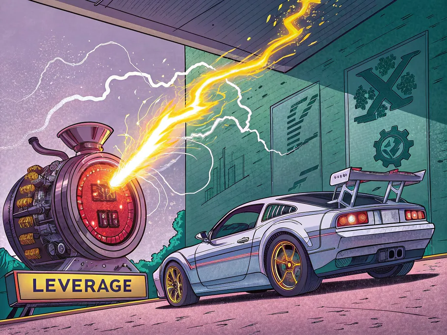 A bold illustration of a sports car engine with a glowing turbocharger, symbolizing financial leverage and risk.