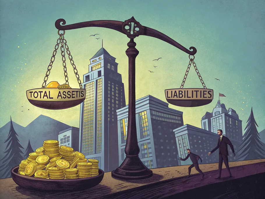 An ancient Roman-style scale depicting total assets versus liabilities, symbolizing financial balance and leverage.
