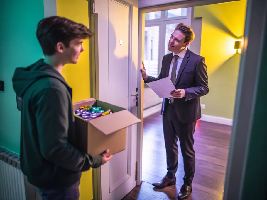 A frustrated young professional trying to pay rent with colorful fidget spinners while a skeptical landlord looks on.