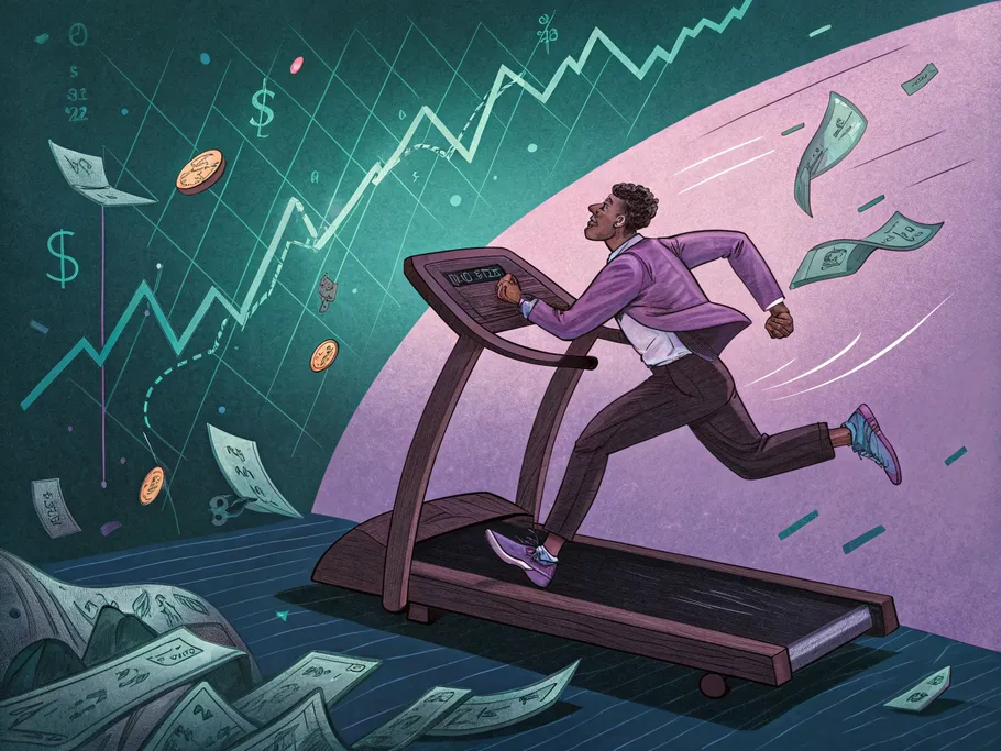 An entrepreneur running on a treadmill amidst swirling financial data and coins symbolizing the struggle for returns on investments.